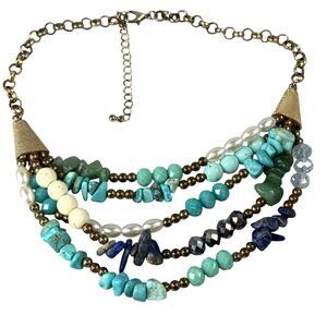 Multilayer Beaded Necklace Faux Turquoise, Faux Pearls & Gemstones Multicolor
